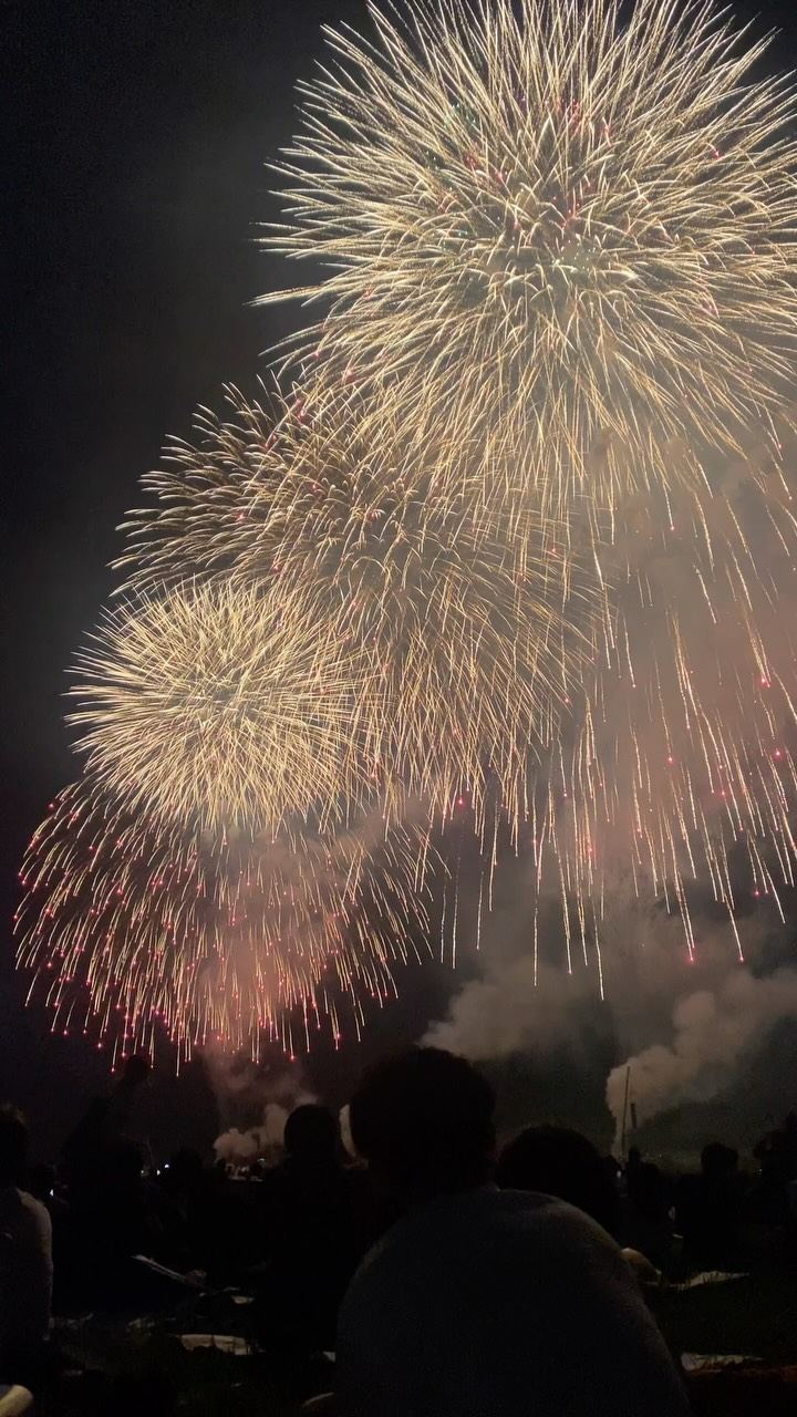 Golden fireworks bursting over the crowd at the Omagari fireworks festival