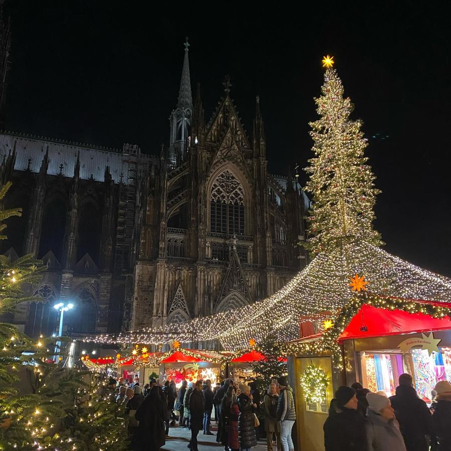 Cologne Cathedral lit up behind a glowing Christmas market